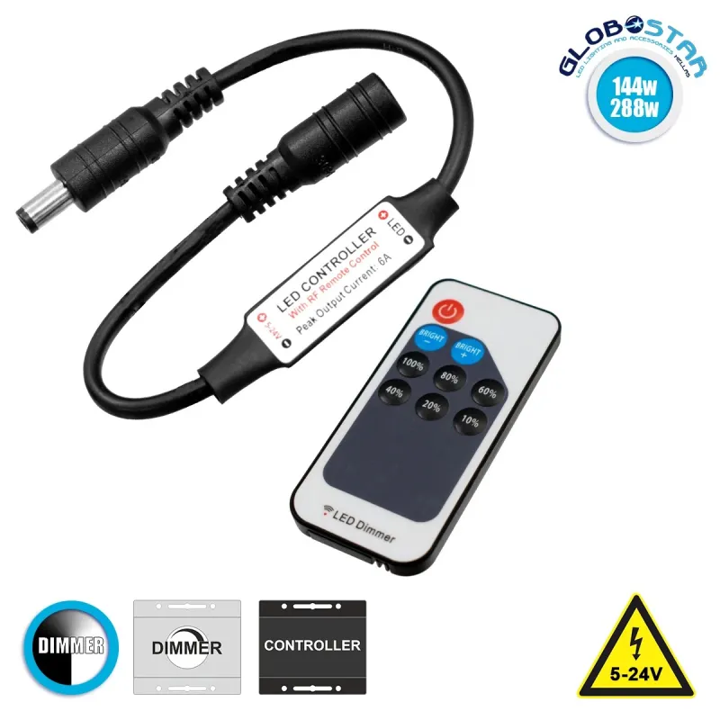 GLOBOSTAR® DIMMEROLI 73308 Dimmer με RF Ασύρματο Χειριστήριο με 1 x 6A 144W Κανάλι DC 5-24V 6A 144W Max IP20 - RF2.4Ghz - Μ5.5 x Π5 x Υ1.3cm - 2 Χρόνια Εγγύηση