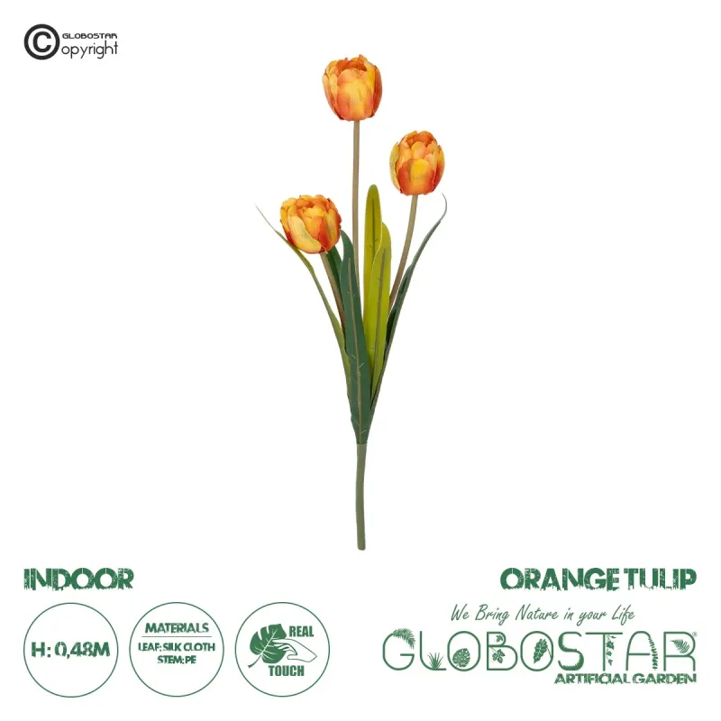 GloboStar® Artificial Garden ORANGE TULIP BRANCH 21308 Τεχνητό Διακοσμητικό Κλαδί Πορτοκαλί Τουλίπα Y48cm