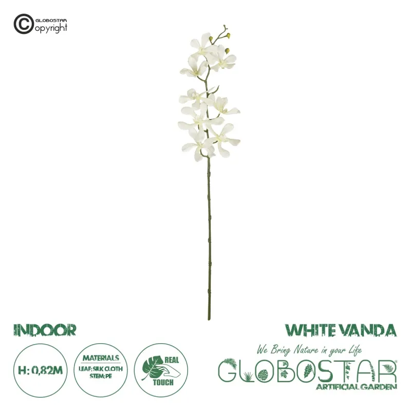 GloboStar® Artificial Garden WHITE VANDA ORCHID BRANCH 21409 Τεχνητό Διακοσμητικό Κλαδί Λευκή Ορχιδέα Y82cm