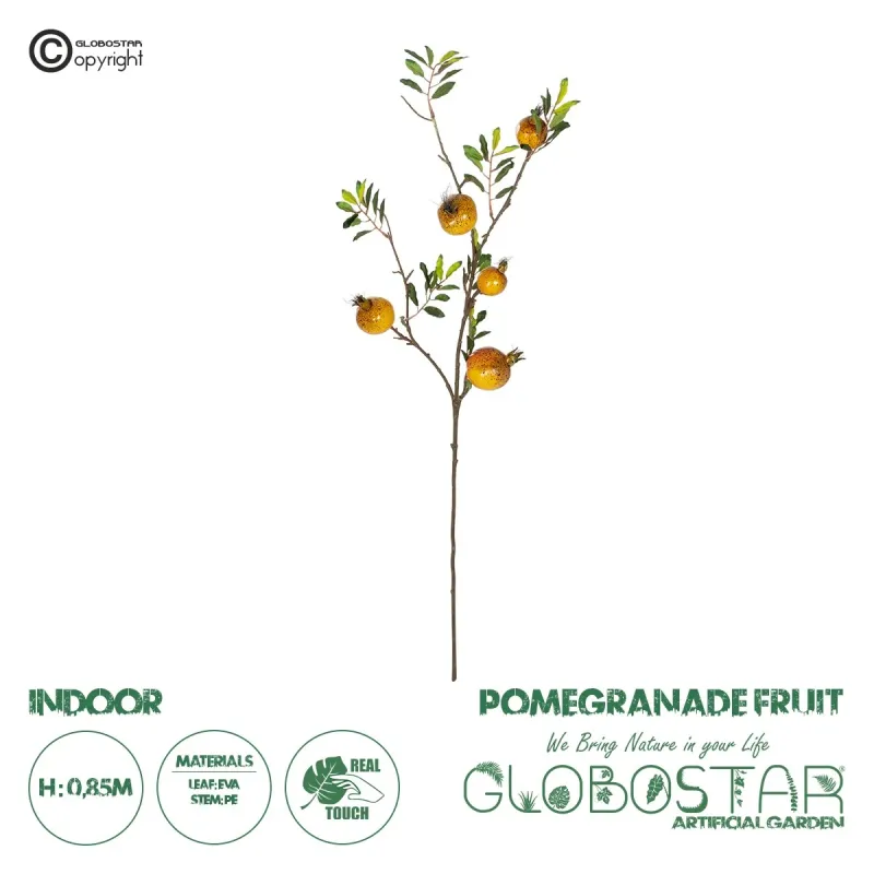 GloboStar® Artificial Garden YELLOW POMEGRANATE  FRUIT BRANCH 21445 Τεχνητό Διακοσμητικό Κίτρινη Κλαδί Ροδιά Y85cm