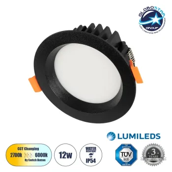 GLOBOSTAR® WATERA 60897 Χωνευτό Downlight Σποτ Panel Μπάνιου & WC LED 12W 1500lm 120° AC 220-240V Αδιάβροχο IP54 Ρυθμιζόμενο Λευκό CCT με Διακόπτη στο Σώμα 2700K/4500K/6000K Dimmable - Lumileds SMD Chip & TÜV SÜD Driver - Μαύρο Ματ - Μ10.8 x Π10.8