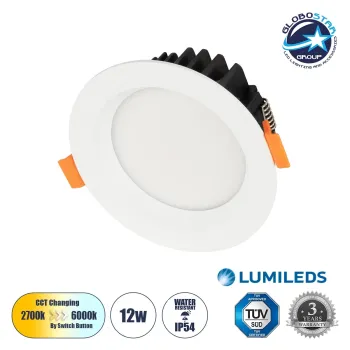 GLOBOSTAR® WATERA 60898 Χωνευτό Downlight Σποτ Panel Μπάνιου & WC LED 12W 1500lm 120° AC 220-240V Αδιάβροχο IP54 Ρυθμιζόμενο Λευκό CCT με Διακόπτη στο Σώμα 2700K/4500K/6000K Dimmable - Lumileds SMD Chip & TÜV SÜD Driver - Λευκό Ματ - Μ10.8 x Π10.8