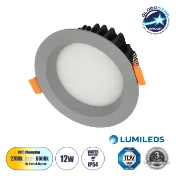 GLOBOSTAR® WATERA 60986 Χωνευτό Downlight Σποτ Panel Μπάνιου & WC LED 12W 1500lm 120° AC 220-240V Αδιάβροχο IP54 Ρυθμιζόμενο Λευκό CCT με Διακόπτη στο Σώμα 2700K/4500K/6000K Dimmable - Lumileds SMD Chip & TÜV SÜD Driver - Γκρι Ανθρακί Ματ - Μ10.8 