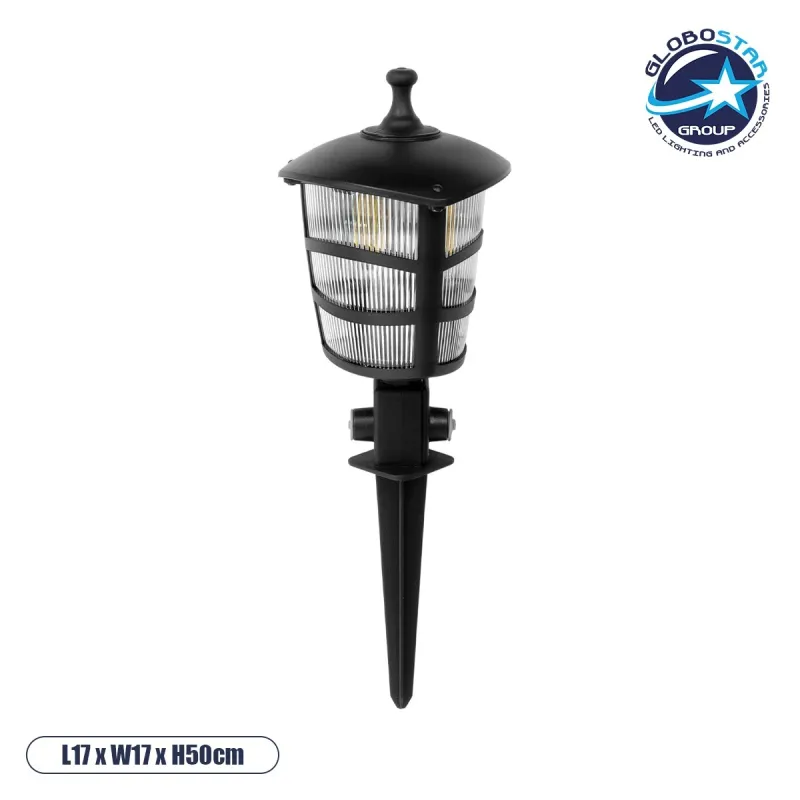 GloboStar® ZARDIN 203-0208 Vintage Καρφωτό Φωτιστικό Φαναράκι Μονόφωτο 1 x E27 IP44 Μαύρο & Διάφανο Πλαστικό - Μ17 x Π17 x Υ50cm