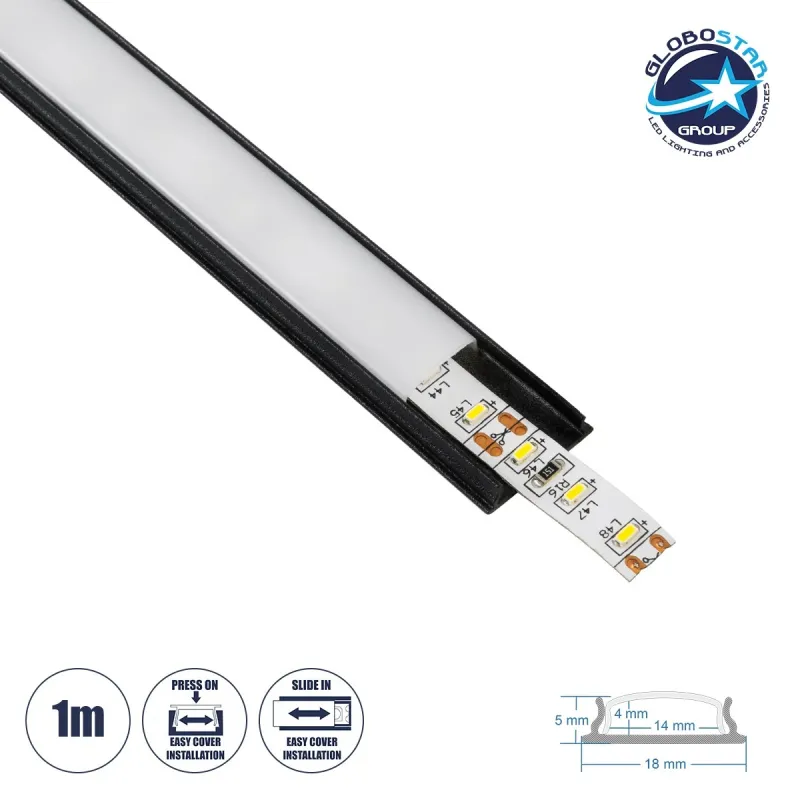 GLOBOSTAR® ALP-LINEAR CURBARIO 70804-1M Επιφανειακό Εύκαμπτο Προφίλ Αλουμινίου με Λευκό Γαλακτερό Πατητό Κάλυμμα για Ταινίες LED IP20 - Μαύρο & Λευκό - Μ100 x Π1.8 x Υ0.5cm