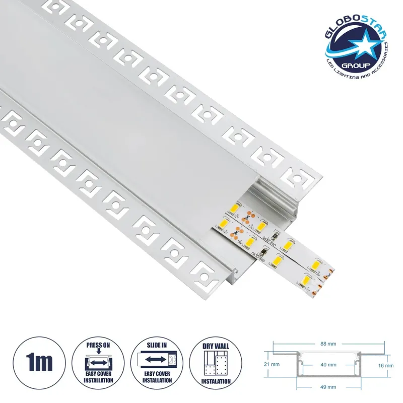 GLOBOSTAR® ALP-PLASTERIN GYPSO 70862-1M Χωνευτό Προφίλ Αλουμινίου Ειδικό για Γυψοσανίδα με Λευκό Γαλακτερό Πατητό Κάλυμμα για Ταινίες LED IP20 - Ασημί & Λευκό - Μ100 x Π8.8 x Υ2cm