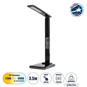 GLOBOSTAR® ZENTIME 76564 Μοντέρνο Επιτραπέζιο Φωτιστικό Γραφείου με Ασύρματη Φόρτιση 10W 2A & Ψηφιακό Ρολόι LED 3.5W 350lm 120° DC 5V με USB-C IP20 Ρυθμιζόμενο Λευκό CCT με Αφή 2700K/4500K/6000K Dimmable - Sanan SMD Chip - Μαύρο - Μ18 x Π12 x Υ40cm - 