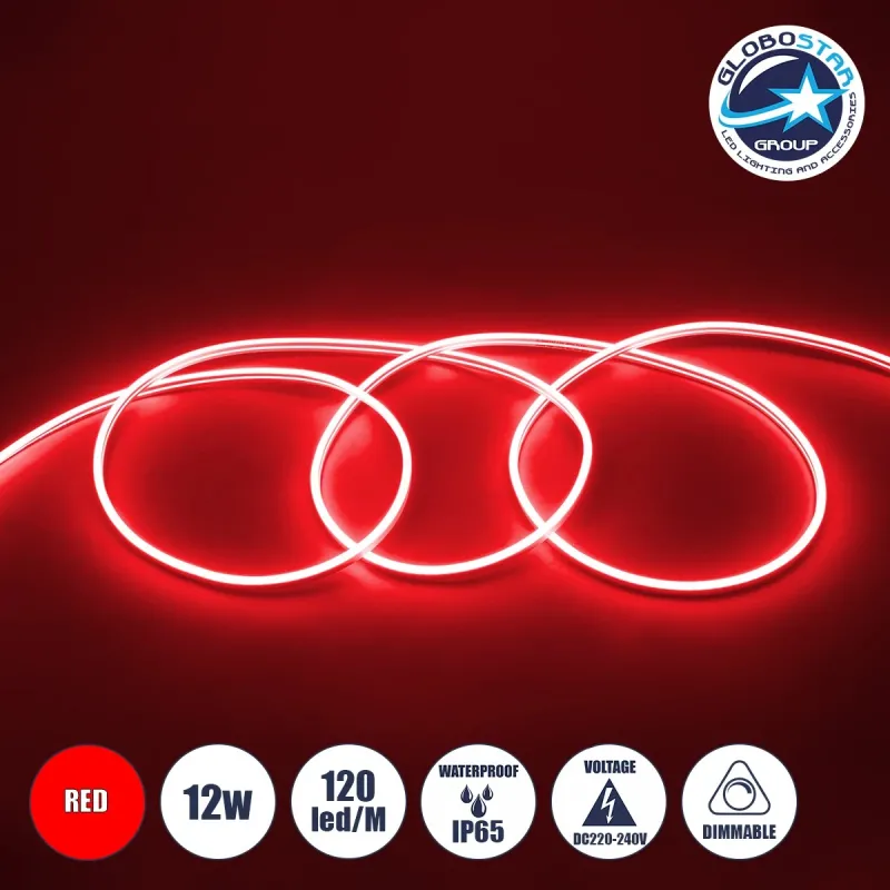 GLOBOSTAR® NEOVALE 70573 Ταινία Neon Flex LED 12W/m 600lm/m 120° DC 220-240V Αδιάβροχο IP65 120 x SMD2835 Chip/m Κόκκινο Dimmable - Sanan SMD Chip - Μ100 x Π0.8 x Υ1.6cm - 3 Χρόνια Εγγύηση