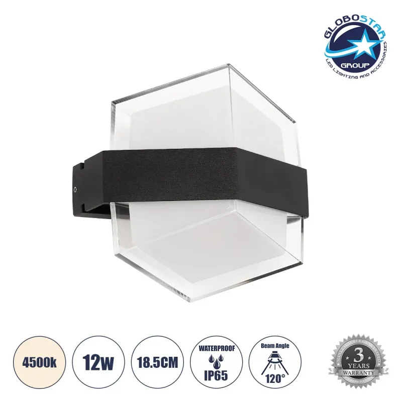 GLOBOSTAR® EMPIRE 60780 Μοντέρνο Φωτιστικό Τοίχου - Απλίκα LED 12W 1260lm 120° AC 220-240V Αδιάβροχο IP65 Φυσικό Λευκό 4500K - Bridgelux SMD Chip & TÜV SÜD Driver - Μαύρο Ματ - Μ18.5 x Π10 x Υ17.5cm - 3 Χρόνια Εγγύηση