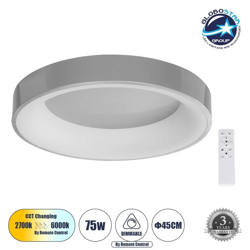 GLOBOSTAR® SALEM 61234 Μοντέρνο Φωτιστικό Οροφής LED 75W 8625lm 120° AC 220-240V IP20 Ρυθμιζόμενο Λευκό CCT με Χειριστήριο από 2700K έως 6000K Dimmable - Lumileds SMD Chip - Γκρι - Μ45 x Π45 x Υ9.5cm - 3 Χρόνια Εγγύηση