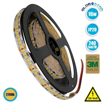 GLOBOSTAR® LUXA 70242 Ταινία LED 16W/m 1760lm/m 120° DC 24V IP20 240 x SMD2835 Chip/m Θερμό Λευκό 2700K Dimmable - Sanan SMD Chip - Μ500 x Π1 x Υ0.2cm - Ρολό 5 Μέτρων - 5 Χρόνια Εγγύηση