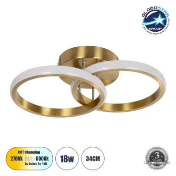 GLOBOSTAR® CORA 61060 Μοντέρνο Φωτιστικό Οροφής LED 18W 2160lm 300° AC 220-240V IP20 Ρυθμιζόμενο Λευκό CCT με On/Off 2700K/4500K/6000K - Lumileds SMD Chip - Σατινέ Χρυσό Βούρτσας - Μ36 x Π20.5 x Υ7cm - 3 Χρόνια Εγγύηση