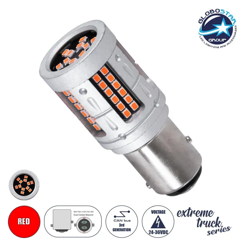GloboStar® 81278 Λάμπα Αυτοκινήτου & Φορτηγού LED 1157 - BAY15D - P21/5W 3rd Generation Can-Bus Extreme Truck Series 72xSMD3030 7W 365lm 360° DC 24-36V IP20 Φ2 x Υ5cm Κόκκινο