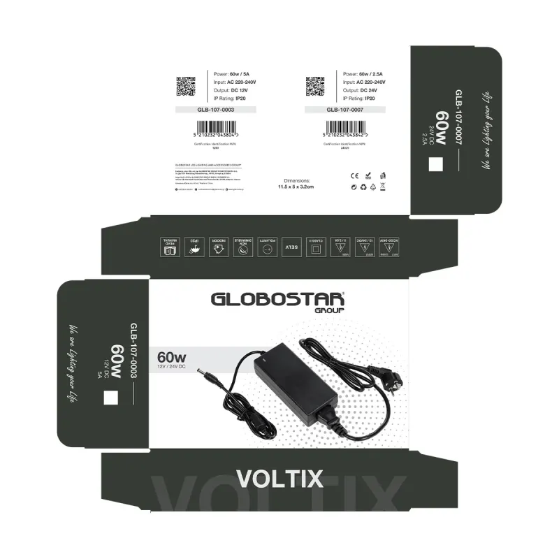 GLOBOSTAR® VOLTIX GLB-107-0007 Τροφοδοτικό/Μετασχηματιστής Class II SELV 60W 2.5A AC 220-240V σε DC 24V IP20 - Μαύρο Ματ - Μ11.5 x Π5 x Υ3.2cm - 3 Χρόνια Εγγύηση