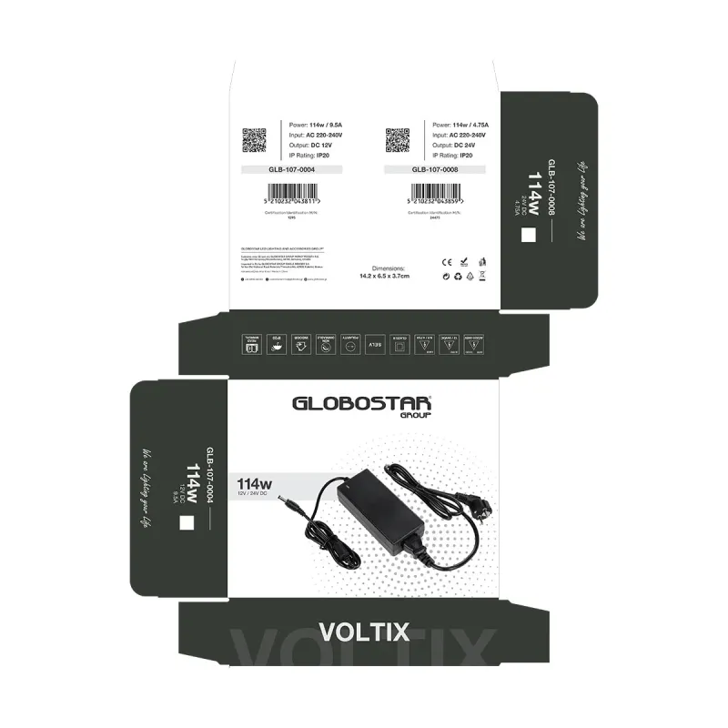 GLOBOSTAR® VOLTIX GLB-107-0008 Τροφοδοτικό/Μετασχηματιστής Class II SELV 120W 4.75A AC 220-240V σε DC 24V IP20 - Μαύρο Ματ - Μ14.2 x Π6.5 x Υ3.7cm - 3 Χρόνια Εγγύηση