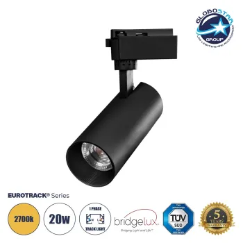 GLOBOSTAR® LUGANO 60811 Μονοφασικό Σποτ Ράγας LED 20W 2400lm 36° AC 220-240V IP20 Θερμό Λευκό 2700K - Bridgelux COB Chip & TÜV SÜD Driver - Eurotrack 1PH - Μαύρο Ματ - Μ6.5 x Π6.5 x Υ20cm - 5 Χρόνια Εγγύηση