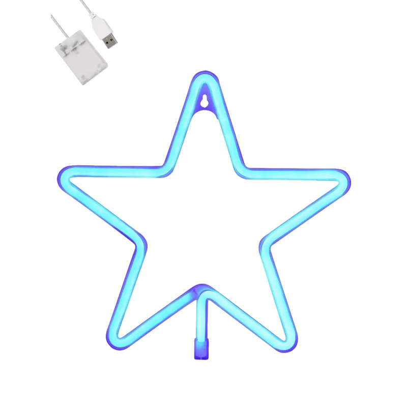 GloboStar® 78583 Φωτιστικό Ταμπέλα Φωτεινή Επιγραφή NEON LED Σήμανσης STAR 5W με Καλώδιο Τροφοδοσίας USB - Μπαταρίας 3xAAA (Δεν Περιλαμβάνονται) - Γαλάζιο
