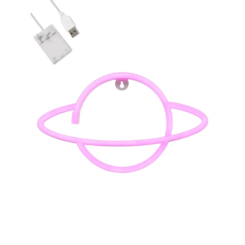 GloboStar® 78588 Φωτιστικό Ταμπέλα Φωτεινή Επιγραφή NEON LED Σήμανσης PLANET SATURN 5W με Καλώδιο Τροφοδοσίας USB - Μπαταρίας 3xAAA (Δεν Περιλαμβάνονται) - Ροζ