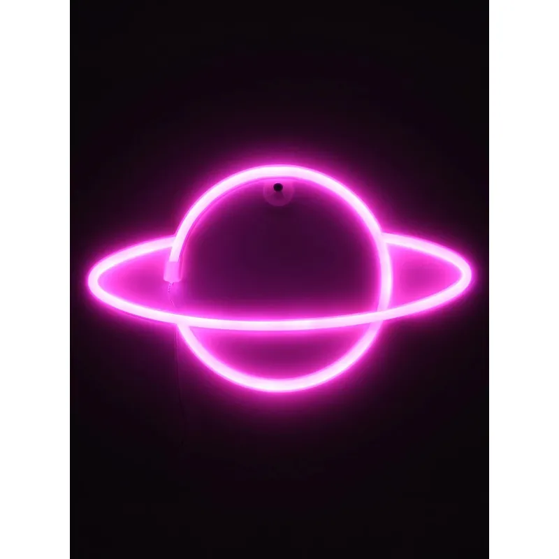 GloboStar® 78588 Φωτιστικό Ταμπέλα Φωτεινή Επιγραφή NEON LED Σήμανσης PLANET SATURN 5W με Καλώδιο Τροφοδοσίας USB - Μπαταρίας 3xAAA (Δεν Περιλαμβάνονται) - Ροζ