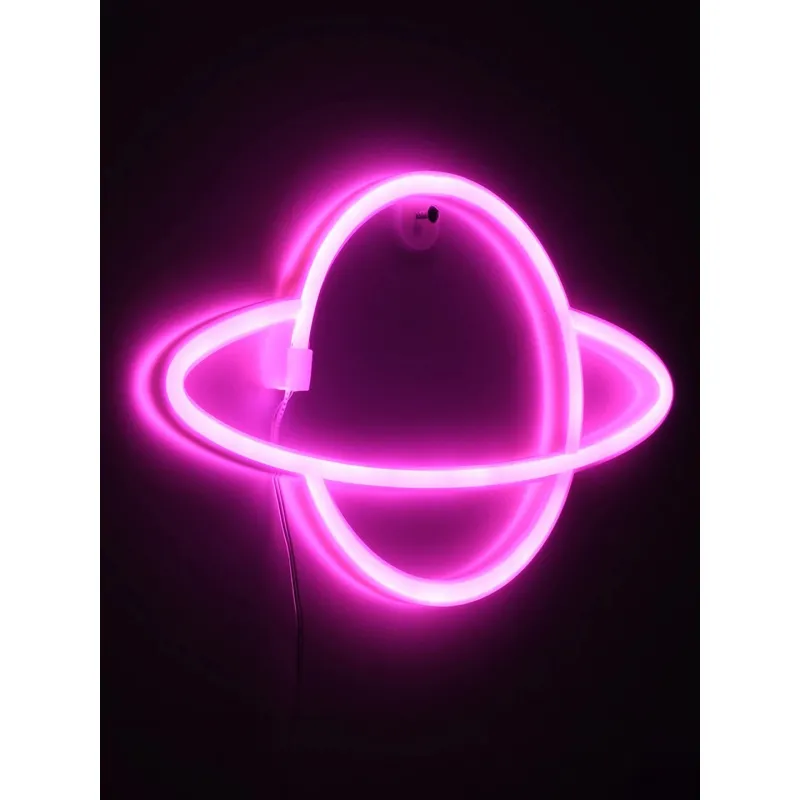 GloboStar® 78588 Φωτιστικό Ταμπέλα Φωτεινή Επιγραφή NEON LED Σήμανσης PLANET SATURN 5W με Καλώδιο Τροφοδοσίας USB - Μπαταρίας 3xAAA (Δεν Περιλαμβάνονται) - Ροζ