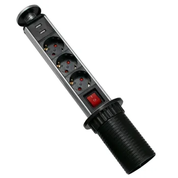 GLOBOSTAR® TOWER 79630 Χωνευτό Πτυσσόμενο Πολύπριζο 5 Θέσεων με 2 x Πρίζες DC 5V USB 3.0 & 3 x EU Schuko Πρίζες Ασφαλείας Childproof AC 220-240V 3000W/13A Max Load με Διακόπτη On/Off IP20 - Μαύρο & Γκρι - Μ8 x Π8 x Υ33cm