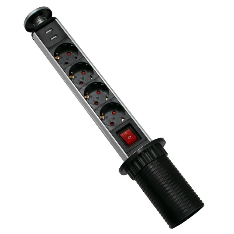 GloboStar® 79631 Χωνευτό Πτυσσόμενο Πολύμπριζο με 4 Πρίζες Ασφαλείας EU Σούκο AC 230V Max 4000W & 2 Εξόδους USB DC 5V Max 3A 18W & Ενσωματωμένο Διακόπτη Οn/Off