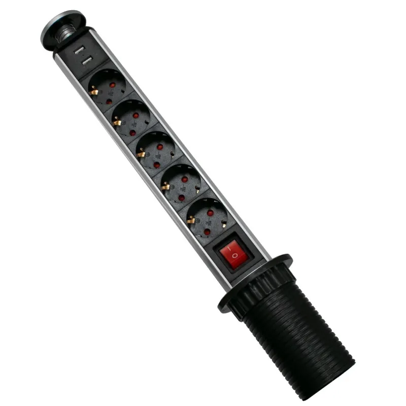 GloboStar® 79632 Χωνευτό Πτυσσόμενο Πολύμπριζο με 5 Πρίζες Ασφαλείας EU Σούκο AC 230V Max 5000W & 2 Εξόδους USB DC 5V Max 3A 18W & Ενσωματωμένο Διακόπτη Οn/Off
