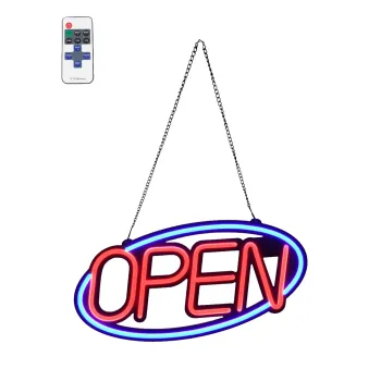 GloboStar® 85860 Φωτιστικό Ταμπέλα Φωτεινή Επιγραφή NEON LED Σήμανσης Animated Ovale OPEN 30W AC 230V με Διακόπτη On/Off και Ασύρματο Χειριστήριο IR Μπλε - Κόκκινο
