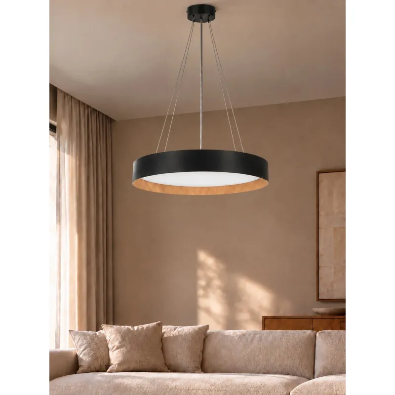 kelvo® RONDO KLV-101-0587 Κρεμαστό Φωτιστικό Οροφής LED 36W 3600lm 120° AC 220-240V IP20 Ρυθμιζόμενο Λευκό CCT με Διακόπτη στο Driver 2700K/4500K/6000K Triac Dimmable - Lumileds SMD Chip & ENEC/TÜV Driver - Μαύρο Ματ & Εφέ Ξύλου - Μ50 x Π50 x Υ7cm