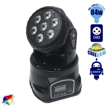 GLOBOSTAR® WASHAKI 51111 Επαγγελματική Κινούμενη Ρομποτική Κεφαλή Φωτισμού Moving Head WASH LED 84W (7 x 12W) RGBW 4in1 CREE LED Chips 25° Dimmable με DMX512 13 Καναλιών AC 220-240V IP20 - Μαύρο - Μ17.5 x Π18 x Υ24cm - 2 Χρόνια Εγγύηση