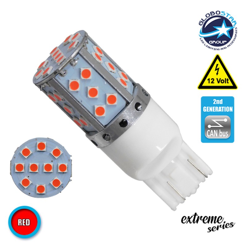 Λαμπτήρας LED Extreme Series Can-Bus 2ης Γενιάς με βάση T20 7443 15W 12v Κόκκινος για Πορείας Στοπ GloboStar 81156