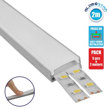 GLOBOSTAR® ALP-LINEAR ALIENA 70809-2M Επιφανειακό Προφίλ Αλουμινίου με Λευκό Γαλακτερό Πατητό Κάλυμμα για Ταινίες LED IP20 - Ασημί & Λευκό - Μ200 x Π2.4 x Υ1.1cm - Πακέτο 5 Τεμαχίων