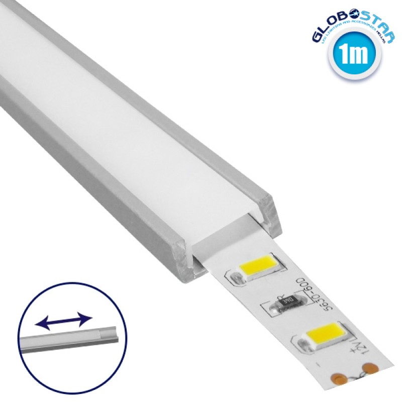 GLOBOSTAR® ALP-LINEAR ALPINA 70801-1M Επιφανειακό Προφίλ Αλουμινίου με Λευκό Γαλακτερό Συρόμενο Κάλυμμα για Ταινίες LED IP20 - Ασημί & Λευκό - Μ100 x Π1.6 x Υ0.6cm