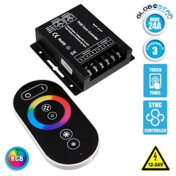 GLOBOSTAR® RGBCONTROLLER 73410 Dimmer / Controller με RF Ασύρματο Χειριστήριο με 3 x 8A 192W Κανάλια DC 12-24V 24A 576W Max IP20 - RF2.4Ghz SYNC - Μ9 x Π9 x Υ2.5cm - 2 Χρόνια Εγγύηση