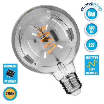 GLOBOSTAR® BUBBLE 99139 Λάμπα E27 G125 LED 6W 470lm 360° AC 220-240V IP20 Θερμό Λευκό 2700K Dimmable - Soft Spiral Filament Chip - Μαύρο Φιμέ - Μ12.5 x Π12.5 x Υ17.8cm - 3 Χρόνια Εγγύηση