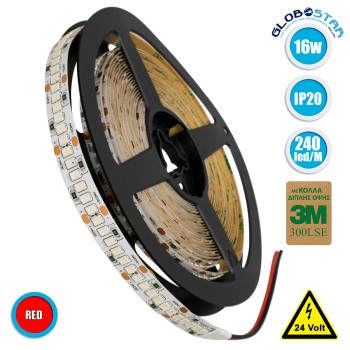 GLOBOSTAR® LUXA 70244 Ταινία LED 16W/m 1280lm/m 120° DC 24V IP20 240 x SMD2835 Chip/m Κόκκινο Dimmable - Sanan SMD Chip - Μ500 x Π1 x Υ0.2cm - Ρολό 5 Μέτρων - 5 Χρόνια Εγγύηση