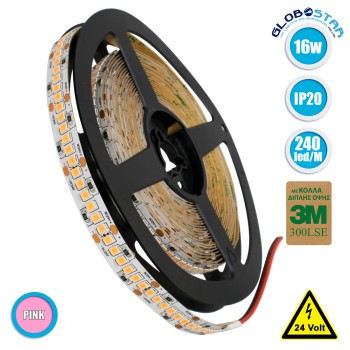 GLOBOSTAR® LUXA 70247 Ταινία LED 16W/m 1280lm/m 120° DC 24V IP20 240 x SMD2835 Chip/m Ροζ Dimmable - Sanan SMD Chip - Μ500 x Π1 x Υ0.2cm - Ρολό 5 Μέτρων - 5 Χρόνια Εγγύηση