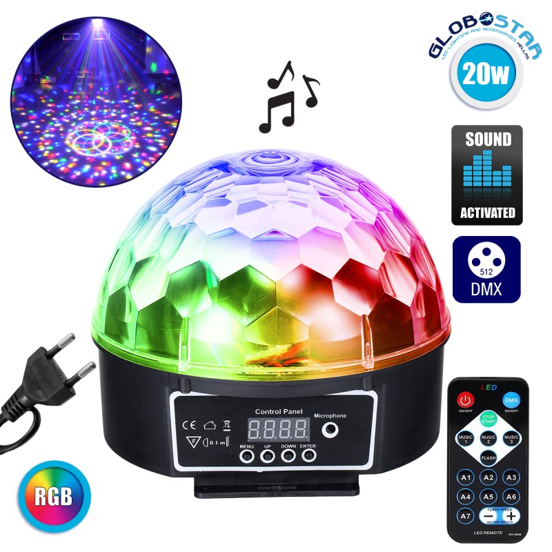 GLOBOSTAR® DISCOBALL 79602 Disco Μπάλα Φωτορυθμικό με RF Ασύρματο Χειριστήριο LED 20W 1000lm 180° AC 220-240V IP20 Πολύχρωμο RGB DMX512- Μ17 x Π17 x Υ15cm - 2 Χρόνια Εγγύηση