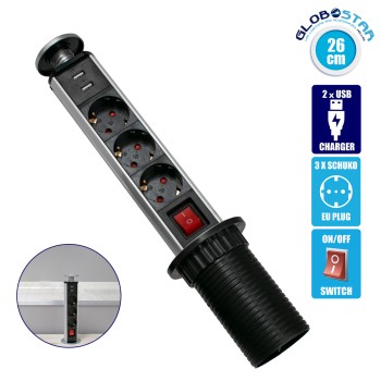 GLOBOSTAR® POWERFOLD 79630 Χωνευτό Πτυσσόμενο Πολύπριζο 5 Θέσεων με 2 x Πρίζες DC 5V USB 3.0 & 3 x EU Schuko Πρίζες Ασφαλείας Childproof AC 220-240V 3000W/13A Max Load με Διακόπτη On/Off IP20 - Μαύρο & Γκρι - Μ8 x Π8 x Υ33cm