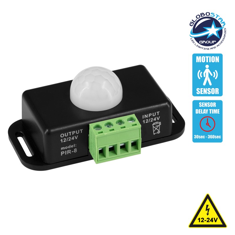 GLOBOSTAR® SENSORE 70743 Ανιχνευτής PIR / Αισθητήρας Κίνησης 180° DC 12-24V 6A 144W Max IP20 - Μ7.6 x Π4.5 x Υ3.3cm - 2 Χρόνια Εγγύηση