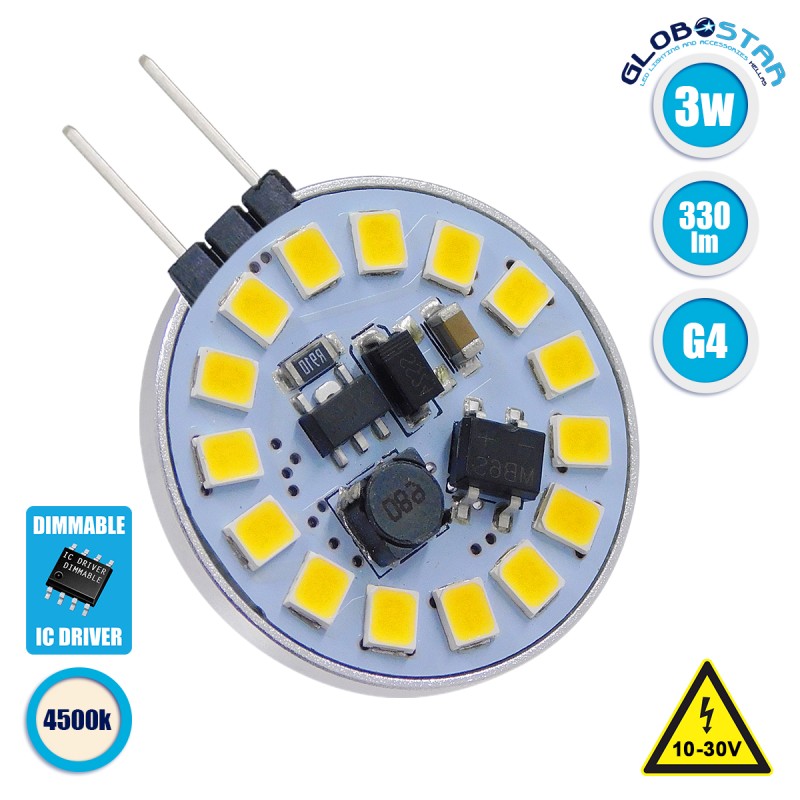 GLOBOSTAR® G4SIDE 76105 Λάμπα G4 LED 3W 285lm 120° DC 12-24V IP20 Φυσικό Λευκό 4500K Dimmable - Sanan SMD Chip - Side Pin - Μ2.9 x Π2.9 x Υ0.8cm - 2 Χρόνια Εγγύηση