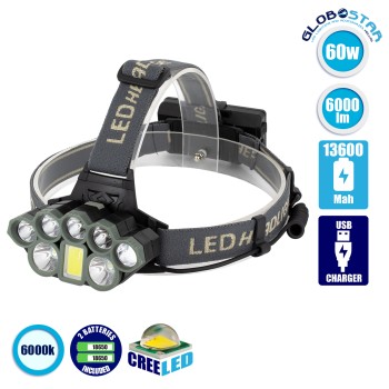 GLOBOSTAR® HEADLAMP 79062 Φακός Κεφαλής LED 40W 4000lm 15~60° DC 5V με USB-C με Επαναφορτιζόμενη Μπαταρία Li-ion 3.7V 2x18650 6000mAh Αδιάβροχο IP54 Ψυχρό Λευκό 6000K - CREE XML2-T6 Chip - Μ9.2 x Π3 x Υ4.5cm - 1 Χρόνο Εγγύηση