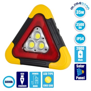 GLOBOSTAR® HELPLAMP 79081 Προβολέας Φακός Τρίγωνο Ασφαλείας LED 35W 3500lm 120° DC 5V με Φωτοβολταϊκό Panel 5V 0.3W & Επαναφορτιζόμενη Μπαταρία Li-ion 3.2V 2000mAh Αδιάβροχο IP54 Ψυχρό Λευκό 6000K - Sanan COB Chip - Κόκκινο & Κίτρινο - Μ27 x Π5 x 