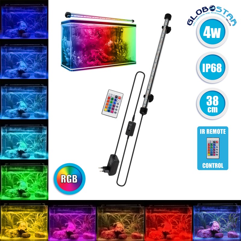 GLOBOSTAR® AQUARIUS 79672 Φωτιστικό Ενυδρείου με IR Ασύρματο Χειριστήριο LED 4W 200lm 180° AC 220-240V Αδιάβροχο IP68 Πολύχρωμο RGB Dimmable - Sanan SMD Chip - Μαύρο - Μ38 x Π2.5 x Υ2.5cm - 2 Χρόνια Εγγύηση