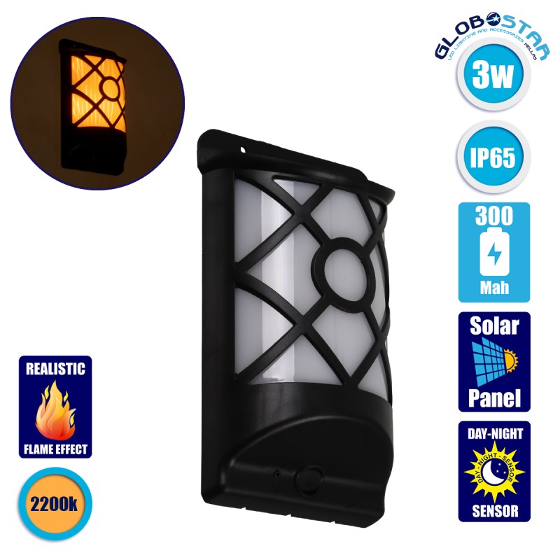 GLOBOSTAR® FLAMEART 71457 Διακοσμητικό Φωτιστικό Τοίχου LED 3W 90lm 120° DC 5V με Φωτοβολταϊκό Panel 5V 0.2W & Επαναφορτιζόμενη Μπαταρία Li-ion 3.2V 300mAh Αδιάβροχο IP65 Πορτοκαλί με Εφέ Φλόγας - Μ18 x Π10 x Υ5cm - 1 Χρόνο Εγγύηση