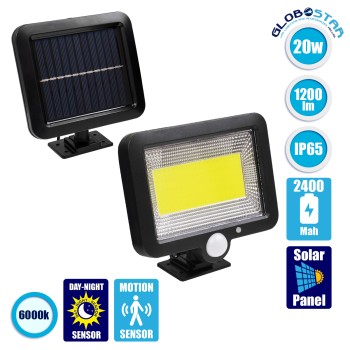 GLOBOSTAR® ZETA 71460 Προβολέας με Ανιχνευτή PIR / Αισθητήρα Κίνησης LED 20W 600lm 120° DC 5V με Φωτοβολταϊκό Panel 5V 1W & Επαναφορτιζόμενη Μπαταρία Li-ion 3.2V 2400mAh Αδιάβροχο IP65 Ψυχρό Λευκό 6000K - Sanan COB Chip - Μαύρο - Μ15 x Π3.5 x Υ13cm - 