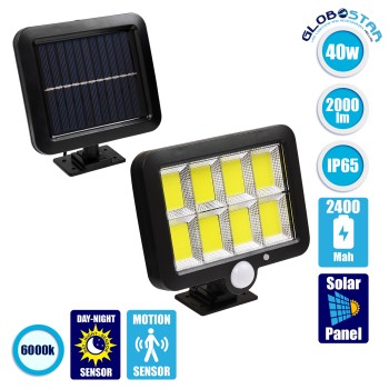 GLOBOSTAR® ZETA 71464 Προβολέας με Ανιχνευτή PIR / Αισθητήρα Κίνησης LED 20W 600lm 120° DC 5V με Φωτοβολταϊκό Panel 5V 1W & Επαναφορτιζόμενη Μπαταρία Li-ion 3.2V 2400mAh Αδιάβροχο IP65 Ψυχρό Λευκό 6000K - Sanan COB Chip - Μαύρο - Μ15 x Π3.5 x Υ13cm - 