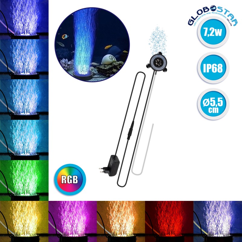 GLOBOSTAR® AQUARIUS 79682 Φωτιστικό Ενυδρείου με Οξυγονωτή LED 7.2W 360lm 180° AC 220-240V Αδιάβροχο IP68 Πολύχρωμο RGB - Sanan SMD Chip - Μαύρο - Μ5.5 x Π5.5 x Υ2.1cm - 2 Χρόνια Εγγύηση