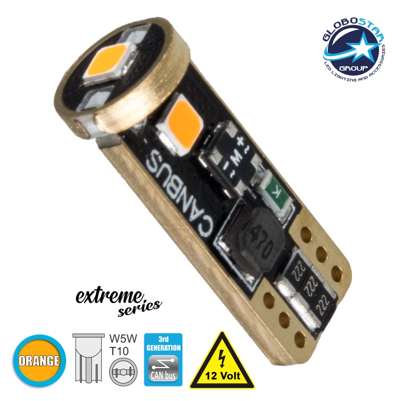 GloboStar® T10 W5W 81117 Λάμπα Αυτοκίνητου  3rd Generation Can-Bus Extreme Series LED 3 SMD 3030 2W 150lm 360° DC 12V IP20 Πορτοκαλί