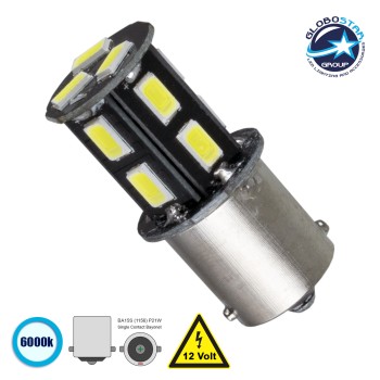 GloboStar® P21W 1156 81206 Λάμπα Αυτοκίνητου  BA15S LED 13 SMD 5630 1.2W 415lm 360° DC 12V IP20 Ψυχρό Λευκό 6000K